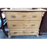 French stripped pine chest of three long drawers, width 36.5in