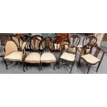 Edwardian seven piece salon suite comprising two seat settee, pair of armchairs and four chairs, the