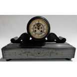 Slate drum head mantel clock, the enamel chapter ring with visible escapement, French movement,