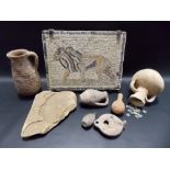 Five pieces of ancient terracotta pottery, a possible ancient Egypt sandstone fragment and a