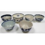 Six 18th Century English porcelain blue and white decorated tea bowls