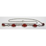 STERLING SILVER fancy link necklace with five graduated red stone cabochons