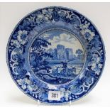 19th Century blue and white transfer printed plate in 'Roch Abbey Yorkshire' pattern, diameter 10in