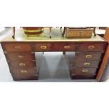 19th Century style mahogany veneered campaign style twin pedestal desk, the top with green leather