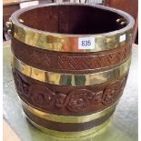 Early 20th Century Arts and Crafts oak carved brass bound coopered coal bin, diameter 12in