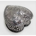 Victorian silver heart shaped foliate embossed hinge lidded trinket box, maker W.A., Chester 1899,