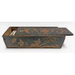 Regency penwork domino box with slide lid, and containing bone and ebony dominos, the slide lid with