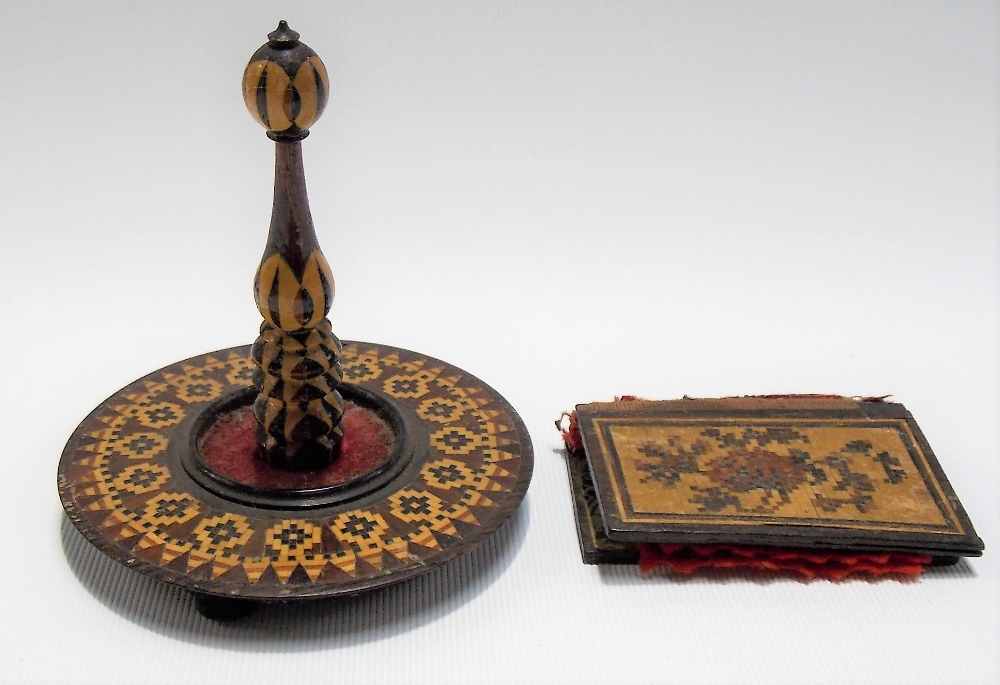 A Tunbridge Ware pin book together with a Tunbridge Ware ring stand (2)