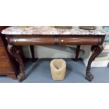 Good 19th Century French marble top mahogany console table, the pink and grey marbled top with re-