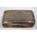 George III silver rectangular snuff box engraved with acorns and leaves with vacant oval