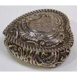 Victorian silver heart shaped foliate scroll embossed hinge lidded trinket box, maker CS & FS,