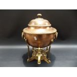 Regency copper and brass circular section tea urn samovar, the domed fluted lid over the ovoid