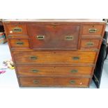 A 19th Century colonial camphorwood secretaire two section campaign chest, the whole brass bound and