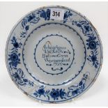 Mid-18th Century English Delftware plate the centre inscribed 'John & Agnes Jackson. Barrows