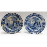 Pair of 19th Century blue and white transfer printed pottery plates decorated with a pagoda