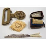 Misc. including a cased Victorian ivory thimble, a bone carved brooch, a pin brooch and a military