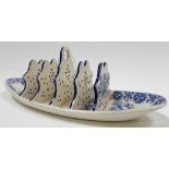 19th Century Spode blue and white transfer printed four section toast rack, impressed and printed