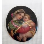 Miniature oval porcelain plaque printed & painted with the Virgin Mary and infant Christ after