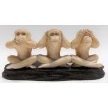 19th Century Japanese Okimono carved as three monkeys in a line depicting 'Speak No Evil, Hear No