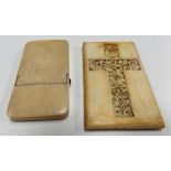 Chinese export ivory card case, carved to both sides with a cross with figures amongst foliage,