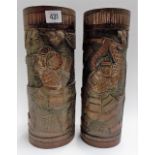 Pair of Japanese bamboo brush pods, both carved in relief with Samurai, height 12in.
