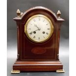 Mahogany inlaid two train mantel clock with 4in white enamel dial with Roman numerals, the French