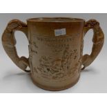 19th Century salt glazed loving cup, the handles modelled as two greyhounds, sprigged in relief with