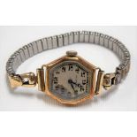 18ct gold cased ladies Art Deco manual wind wristwatch, the silvered dial with Arabic numerals and