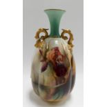 Royal Worcester Hadley Ware twin handled ovoid bottle vase painted with Iris and signed A.C.