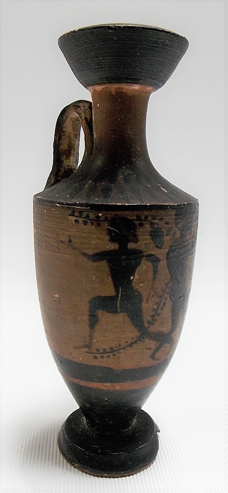 Possibly Ancient Greek Attic miniature amphora vase, the sides painted with three nude figures in