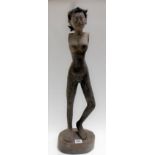 Oriental wooden carved female nude with applied real hair, height 25in (af).