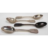 Set of three Victorian fiddle pattern teaspoons, London 1855; together with another, Exeter 1833,
