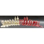 19th Century Cantonese ivory export red stained and natural ivory carved chess set with concentric