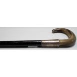 Walking cane with horn silver mounted handle, the collar inscribed 'Presented to Alex Mitchell on