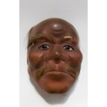 Japanese terracotta miniature mask with real hair to the eyebrows and moustache, length 2.25in