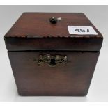 George III mahogany hinge lidded cube tea caddy, the hinged lid with boxwood and ebony inlay, the