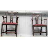 Two George III mahogany carver chairs with drop in upholstered seats