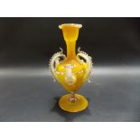 Unusual Venetian glass oil lamp with yellow opaque glass pedestal body, height 7in.