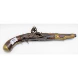 18th Century flint lock pistol with brass furniture, length 15in (af)