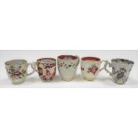 Five 18th Century English porcelain coffee cups, one identified as Liverpool and polychrome