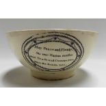 Late 18th Century creamware black and white transfer printed bowl, the sides decorated with a