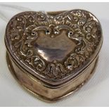 Edwardian silver heart shaped hinge lidded trinket box, foliate scroll embossed