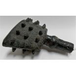 Chinese Archaic triangular section prayer bell cast with multiple knops upon a key ground, height