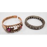 9ct rose gold four stone ring set with two pink stones and two chip diamonds, (one stone missing and