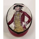 Mid-18th Century enamel oval hinge lidded box, the lid three quarter length painted with a gentleman