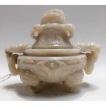 Good Chinese white jadeite incense burner and cover of archaic design, the lid with a coiled