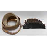 A carved wood and painted comb, possibly Indian, applied with synthetic pearl beads, width 5in;