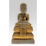 Carved and gilded marble Buddha seated in Dhyanasana on a lotus demi-lune stepped base, height 6.