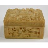 19th Century Cantonese carved ivory rectangular games counter box, the lid decorated with figures