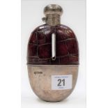 Victorian silver mounted glass and leather covered hip flask of oval section and with screw lid,